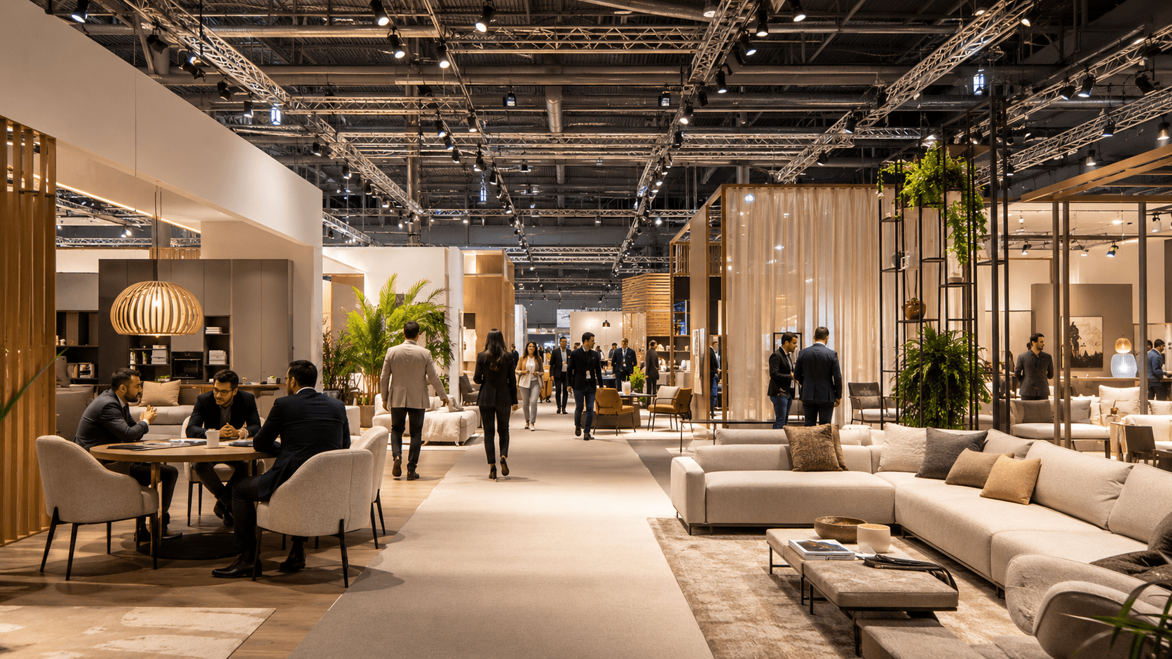 Contemporary furniture and interiors exhibition hall with professional visitors and business meetings